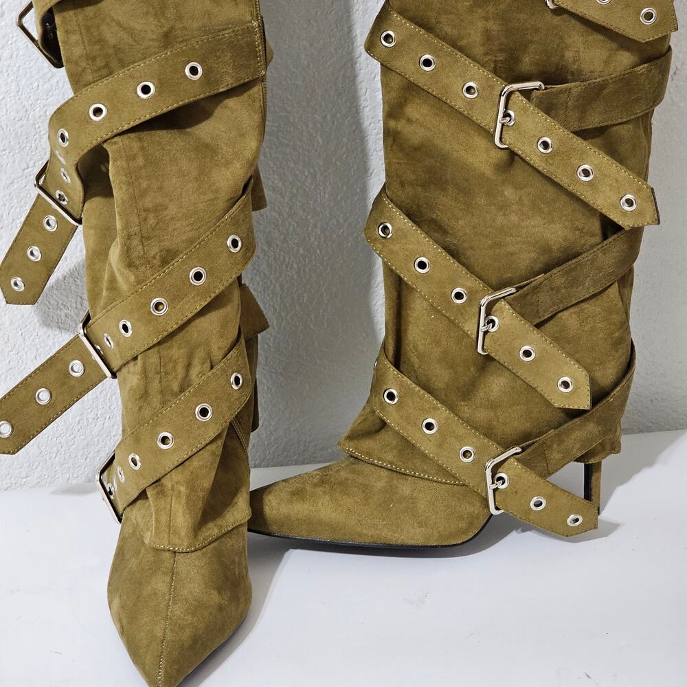 Pretty Little Thing Size 8 Olive Green Knee High Buckle Stiletto Boots Y2K